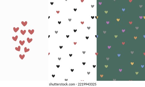 Set of colorful doodle seamless patterns and cute hearts for St Valentines Day.
