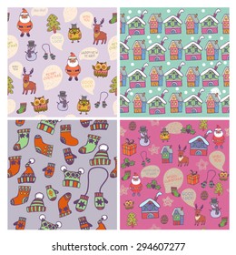 set of colorful doodle seamless vector christmas pattern