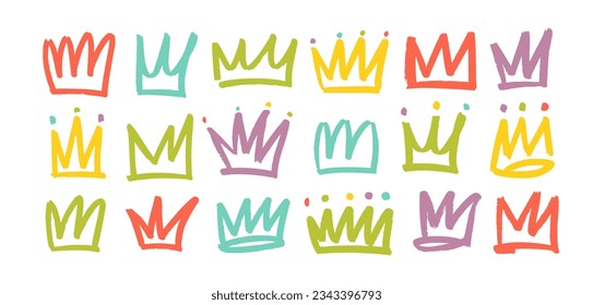 Set of colorful doodle shapes crowns. Brush drawn collection of symbols. Creative modern marker design. Various multi colored vector crowns isolated on white. Graffiti style doodle elements.