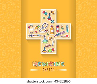 Set of Colorful doodle sketch medic icons - syringe, pipette, vial, bottle, tablet, flask, Capsule, stethoscope. Hand drawn ink icons for medicine and health are arranged in a cross shape