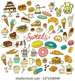 Set of colorful doodle sweets food on white. Vector illustration. Cakes, biscuits, baking, cookie, pastries, donut, ice cream, macaroons, coffee. Perfect for dessert menu or food package design.