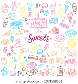 Set of colorful doodle sweets food on white. Vector illustration. Cakes, biscuits, baking, cookie, pastries, donut, ice cream, macaroons, coffee. Perfect for dessert menu or food package design.