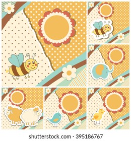 Set of colorful doodle templates for child, baby shower card, Happy birthday, invitation.Vector illustration.