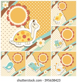 Set of colorful doodle templates for child, baby shower card, Happy birthday, invitation.Vector illustration.