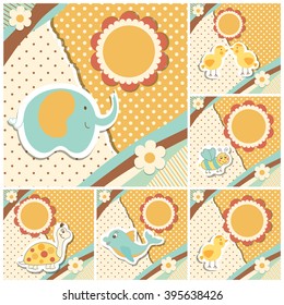 Set of colorful doodle templates for child, baby shower card, Happy birthday, invitation.Vector illustration.