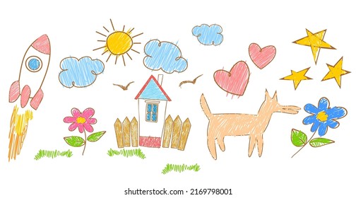 Cuadros coloridos dibujados por niños pequeños en las paredes o en el suelo. Casa dibujada a mano, corazón, perro, cohete, estrellas, sol, hierba, cielo, pájaros. Ilustración del vector aislada en fondo blanco