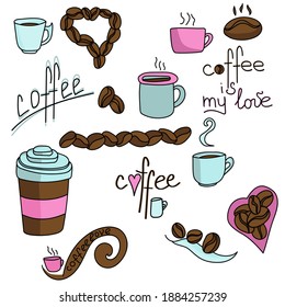bunte Doodles zum Thema Kaffee, Kaffee ist Liebe, rosafarbene und blaue Tassen und Becher mit einem Getränk, mit thematischen Buchstaben, braune Kaffeebohnen für Deko-Vektorgrafik 