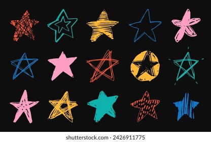 Set of colorful doodle-style stars drawn by hand. Grunge scrawls, charcoal scribbles, rough brush strokes, underlines and circles. Bold charcoal freehand stars. Crayon or marker scribbles