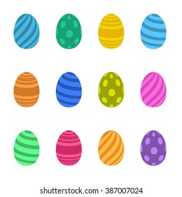 Set of colorful dots and stripes eggs, isolated on white background.