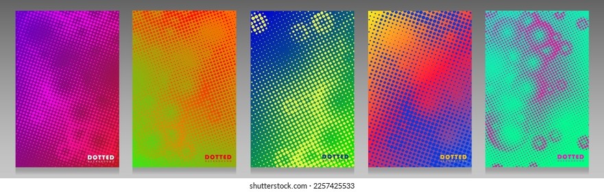 Set of colorful dotted covers. Backgrounds with bubbles of dots, vivid, fluorescent colors. Modern vector patterns.