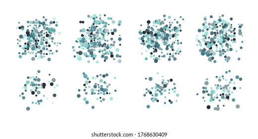Set of colorful dotted round shapes, stains, circles, blobs isolated on white. Illustration for artistic design and geomeric shape painting