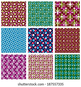 Set of colorful dotted seamless patterns, bright polka dot tiles, infinite geometric surface textures with dots and circles, multicolored tiling.