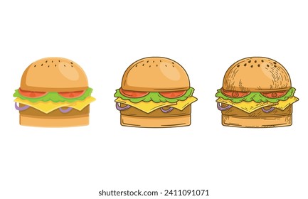 Set of colorful double cheese hamburger illustration, flat, cute cartoon, hand drawn classic, retro, vintage, with flying ingredients isolated on white background