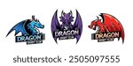 Set Of Colorful Dragon Sport Club Logos Featuring Blue, Purple And Red. The Dragons Are Shown With Wings Spread