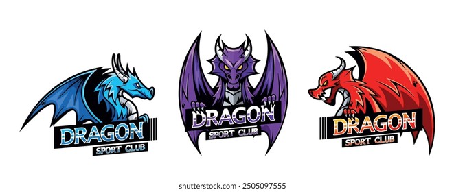 Farbenfrohe Dragon Sport Club Logos mit Blau, Lila und Rot. Die Drachen sind mit Flügeln ausgebreitet gezeigt