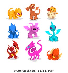Set of colorful dragons in flat style. Cartoon characters of mythical monsters. Vector for mobile game, children book or t-shirt print
