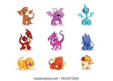 Set of colorful dragons in flat style. Cartoon characters of mythical monsters. Vector for mobile game, children book or t-shirt print