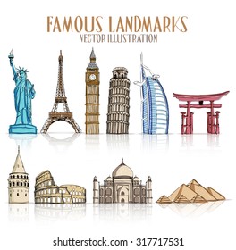 Set of Colorful Drawing of Famous and Popular Landmarks for Traveling Isolated in White Background. Vector Illustration
