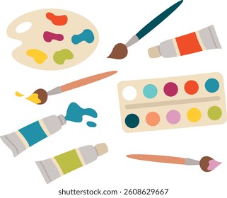 Set of colorful drawing materials and tools isolated on white. Illustration with paints, brushes, palette in simple style	