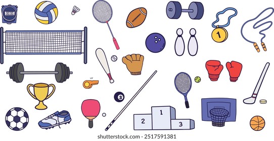 Conjunto de Elementos deportivos de dibujo de colores. Doodle deportivo dibujado a mano con Ilustración vectorial de contorno. Fútbol, bádminton, tenis, voleibol, baloncesto, bolos, hockey, béisbol