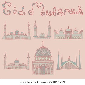 set of Colorful drawings of mosques with text. Hand drawn images of islamic worship places for holiday design. Doodles of different mosques with holiday lettering.