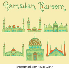 set of Colorful drawings of mosques with text. Hand drawn images of islamic worship places for holiday design. Doodles of different mosques with holiday lettering.