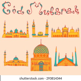 set of Colorful drawings of mosques with text. Hand drawn images of islamic worship places for holiday design. Doodles of different mosques with holiday lettering.