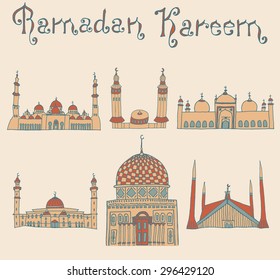 set of Colorful drawings of mosques with text. Hand drawn images of islamic worship places for holiday design. Doodles of different mosques with holiday lettering.