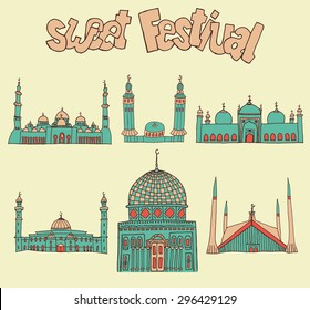 set of Colorful drawings of mosques with text. Hand drawn images of islamic worship places for holiday design. Doodles of different mosques with holiday lettering.
