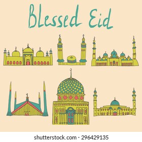 set of Colorful drawings of mosques with text. Hand drawn images of islamic worship places for holiday design. Doodles of different mosques with holiday lettering.