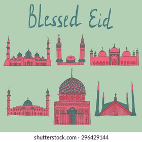 set of Colorful drawings of mosques with text. Hand drawn images of islamic worship places for holiday design. Doodles of different mosques with holiday lettering.