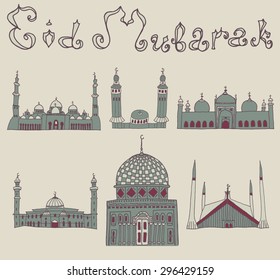 set of Colorful drawings of mosques with text. Hand drawn images of islamic worship places for holiday design. Doodles of different mosques with holiday lettering.