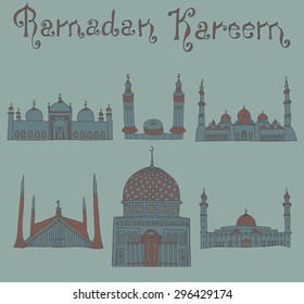 set of Colorful drawings of mosques with text. Hand drawn images of islamic worship places for holiday design. Doodles of different mosques with holiday lettering.