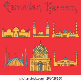 set of Colorful drawings of mosques with text. Hand drawn images of islamic worship places for holiday design. Doodles of different mosques with holiday lettering.