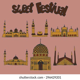set of Colorful drawings of mosques with text. Hand drawn images of islamic worship places for holiday design. Doodles of different mosques with holiday lettering.