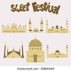 set of Colorful drawings of mosques with text. Hand drawn images of islamic worship places for holiday design. Doodles of different mosques with holiday lettering.