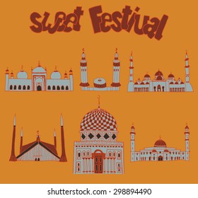 set of Colorful drawings of mosques with text. Hand drawn images of islamic worship places for holiday design. Doodles of different mosques with holiday lettering.