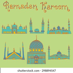 set of Colorful drawings of mosques with text. Hand drawn images of islamic worship places for holiday design. Doodles of different mosques with holiday lettering.