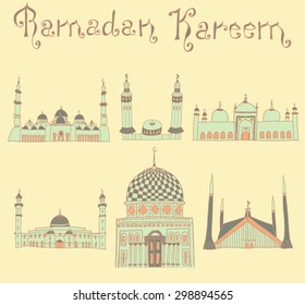 set of Colorful drawings of mosques with text. Hand drawn images of islamic worship places for holiday design. Doodles of different mosques with holiday lettering.