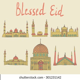 set of Colorful drawings of mosques with text. Hand drawn images of islamic worship places for holiday design. Doodles of different mosques with holiday lettering.