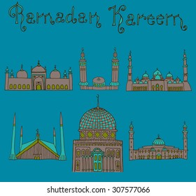 set of Colorful drawings of mosques with text. Hand drawn images of islamic worship places for holiday design. Doodles of different mosques with holiday lettering.