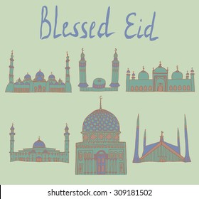 set of Colorful drawings of mosques with text. Hand drawn images of islamic worship places for holiday design. Doodles of different mosques with holiday lettering.