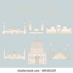 set of Colorful drawings of mosques with text. Hand drawn images of islamic worship places for holiday design. Doodles of different mosques with holiday lettering.