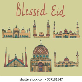 set of Colorful drawings of mosques with text. Hand drawn images of islamic worship places for holiday design. Doodles of different mosques with holiday lettering.