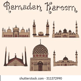set of Colorful drawings of mosques with text. Hand drawn images of islamic worship places for holiday design. Doodles of different mosques with holiday lettering.