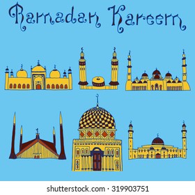 set of Colorful drawings of mosques with text. Hand drawn images of islamic worship places for holiday design. Doodles of different mosques with holiday lettering.