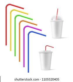 Set colorful drinking straws with realistic blank paper cups. Vector illustration isolated and can be use for any backgrounds. EPS10.