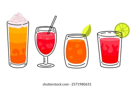 Set of colorful drinks in glasses with creative designs