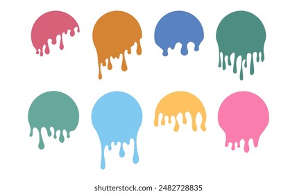 Set of colorful drips circle labels. Paint drip stickers. Current liquid and paint flows. Inkblot. Vector illustration
