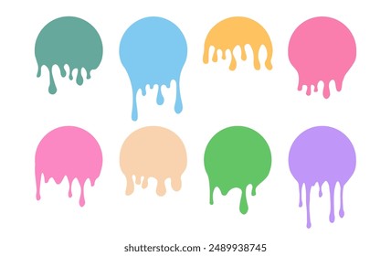 Set of colorful drips circle labels. Paint drip stickers. Current liquid and paint flows. Inkblot. Vector illustration